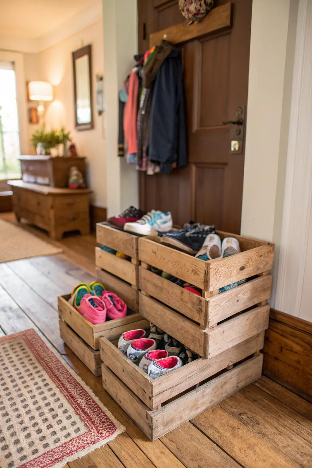 Add rustic charm with wooden crate shoe storage.