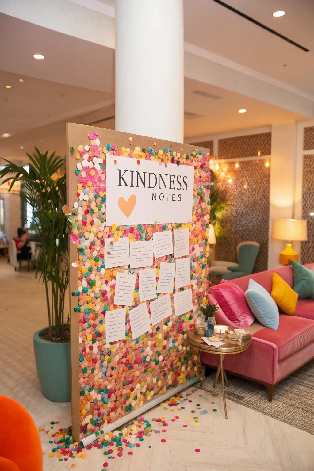 A lively living area showcases a kindness confetti board featuring colorful fragments and kind messages.