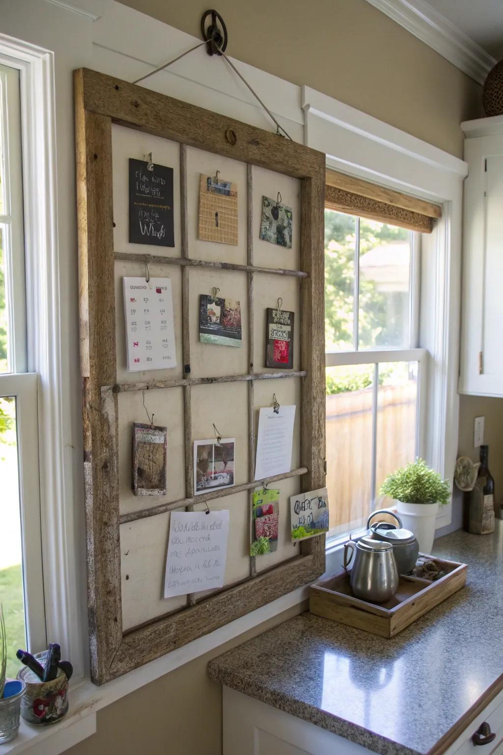 Add character with a vintage window frame message board.