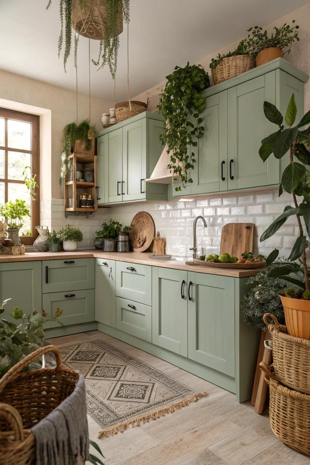 Sage green cabinets fashion a tranquil and serene kitchen.