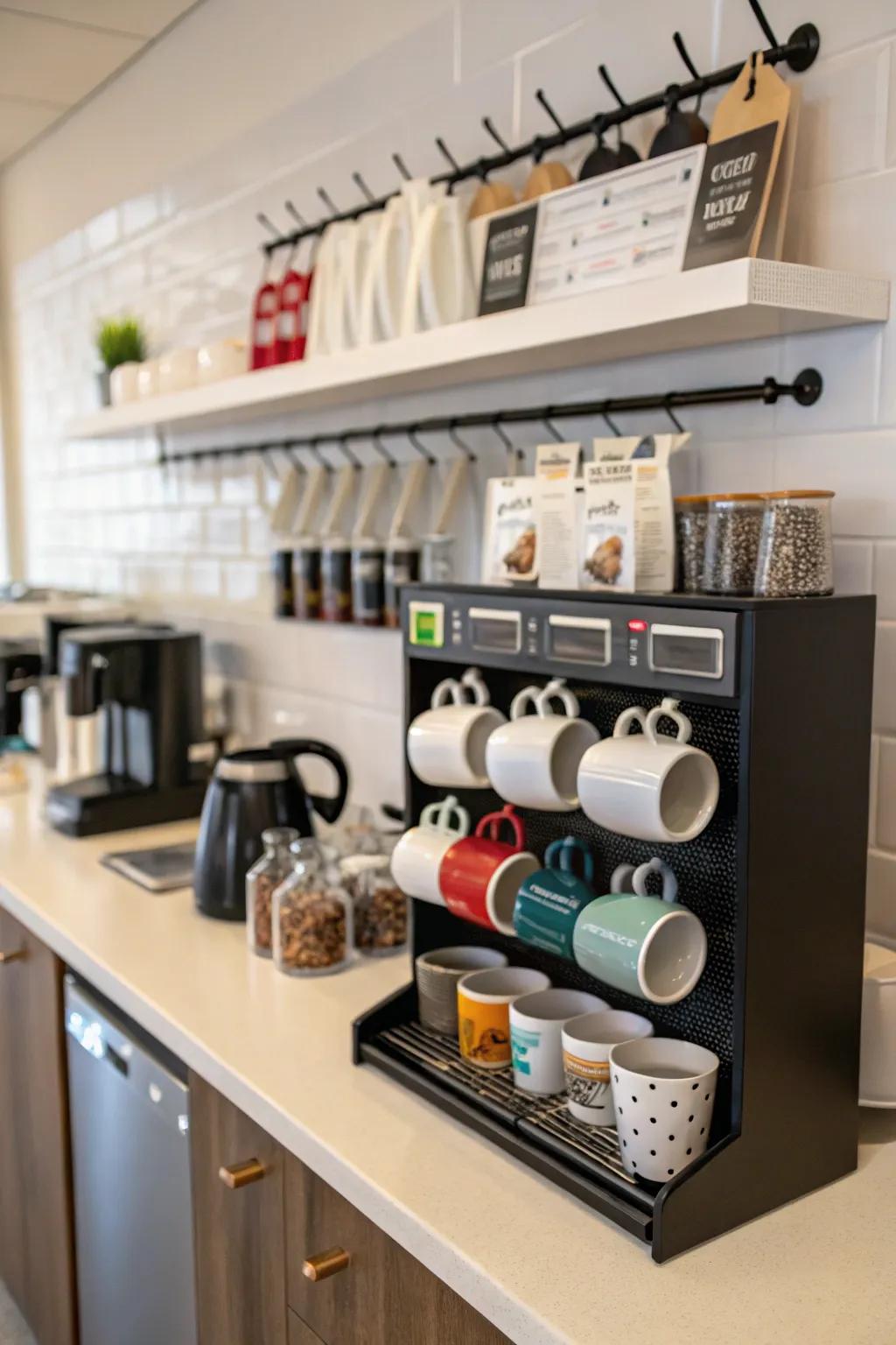 Innovative storage solutions keep a coffee station tidy and efficient.