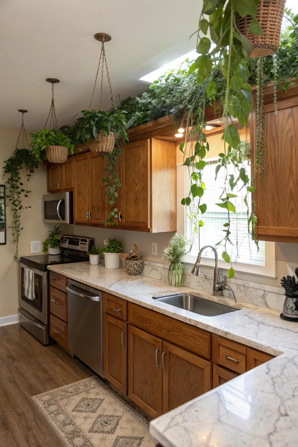 Your kitchen gains a revitalizing touch from hanging plants.