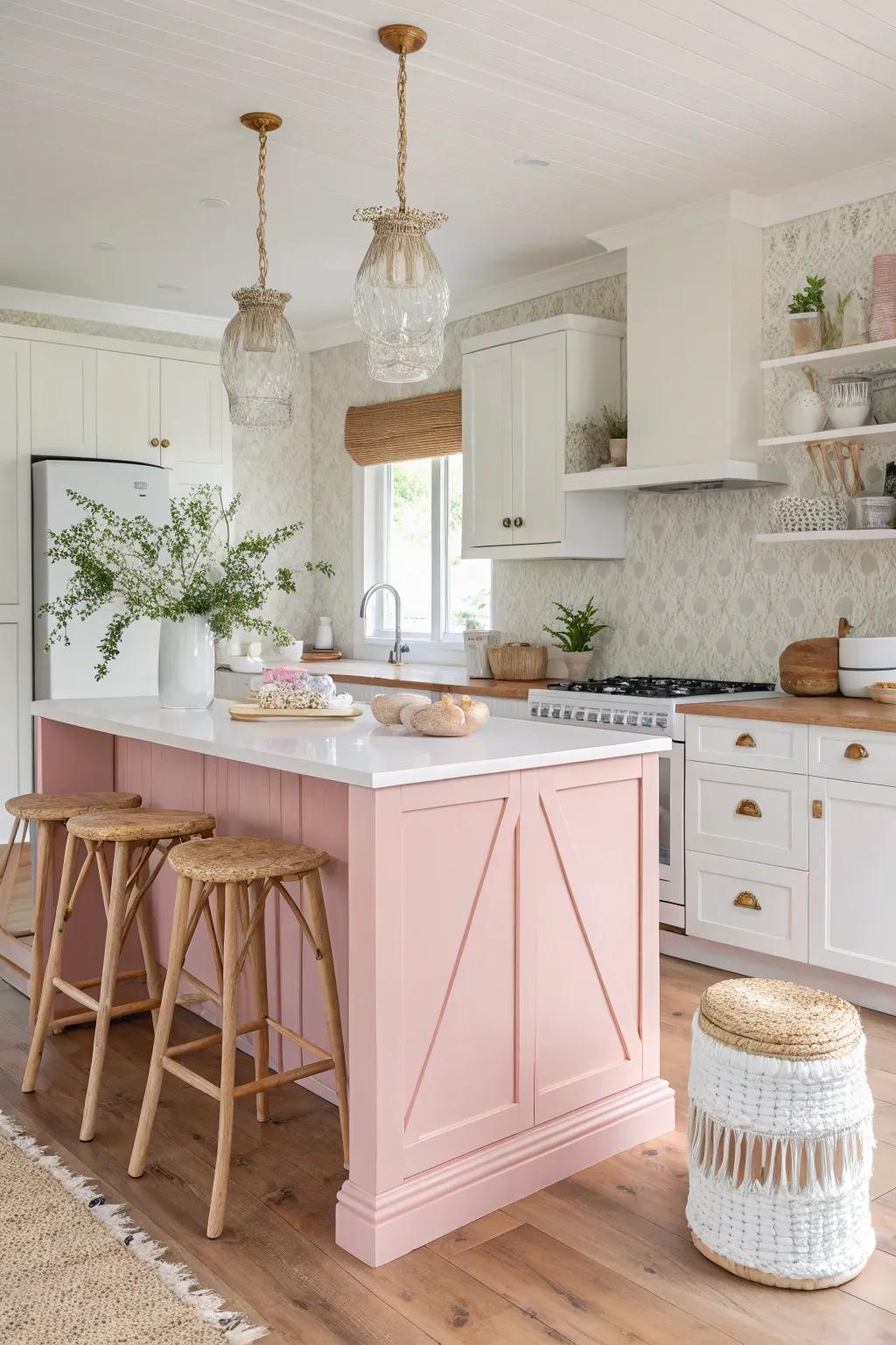 A rose tint kitchen island contributes a gentle and whimsical touch to the kitchen decor.