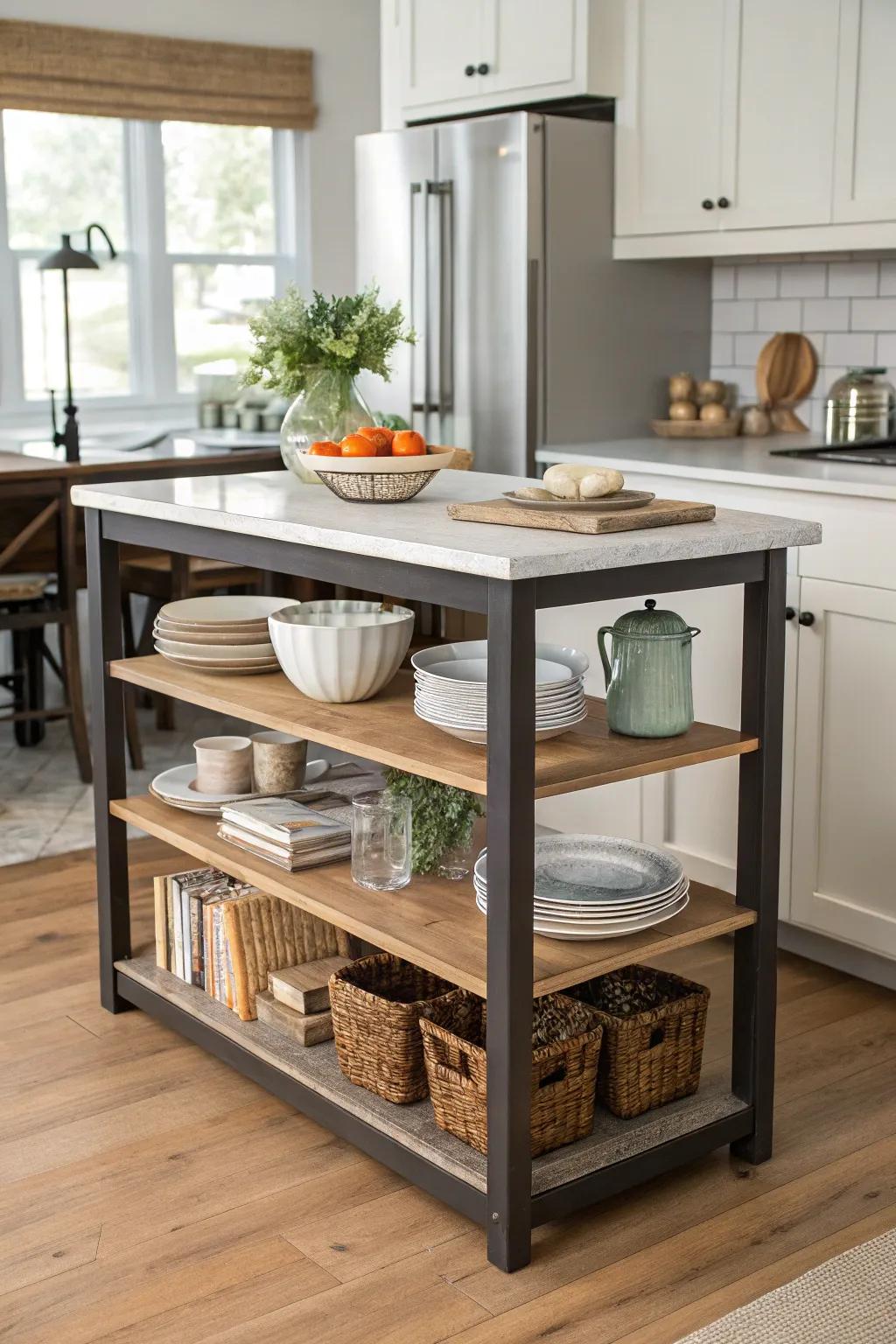 Open shelving adds both design and function to a kitchen island.