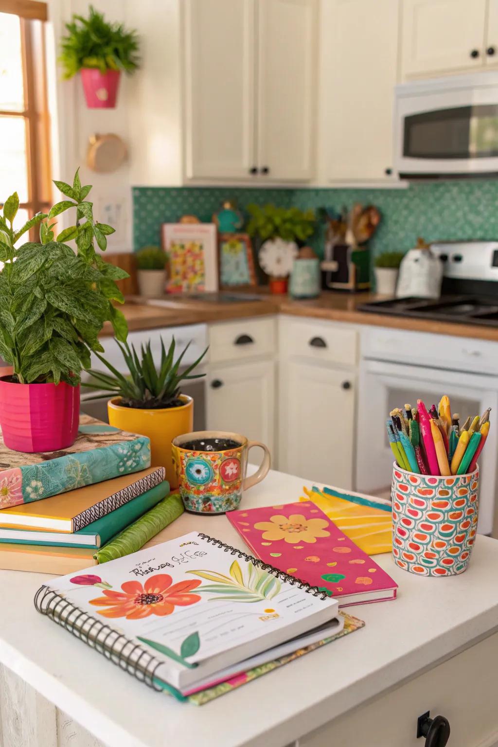 A splash of color can change a kitchen office into a lively workspace.