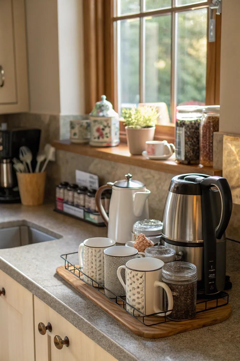 A dedicated coffee or tea corner adds convenience and charm to the kitchen.
