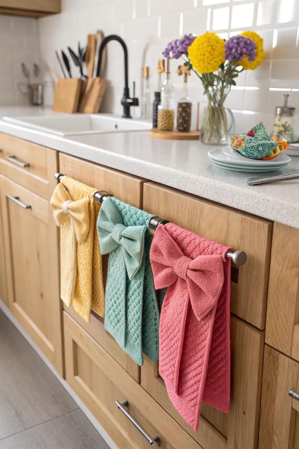 Linen bows add whimsy and charm to kitchen decor.