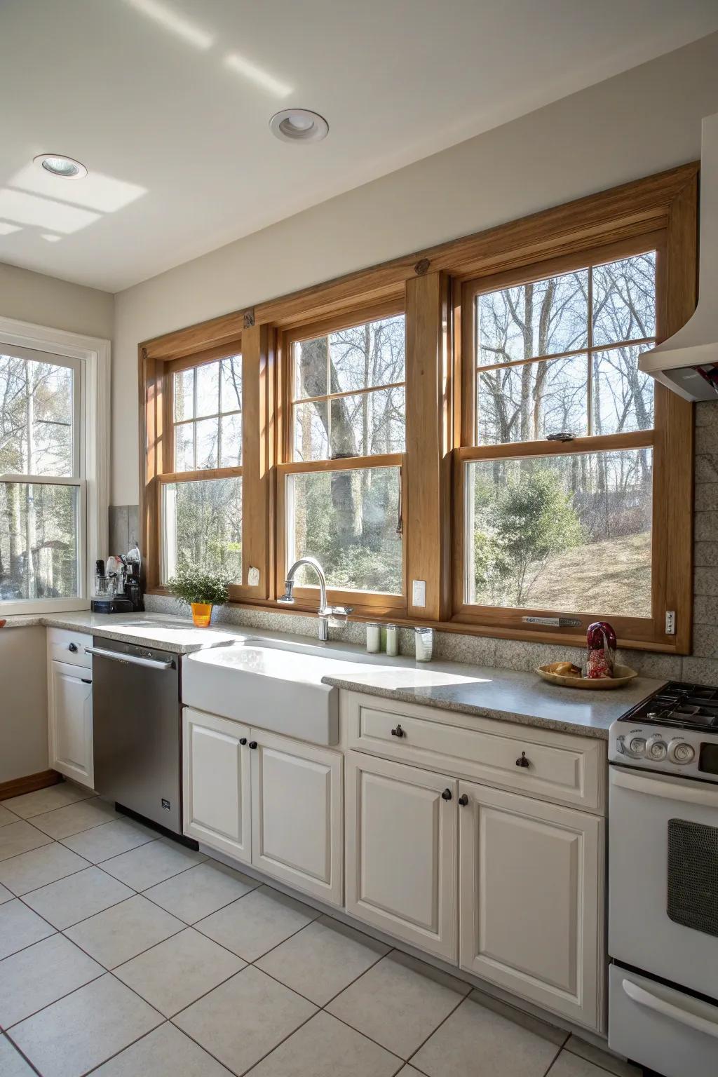 A kitchen is made more versatile with the addition of vertical-motion windows.