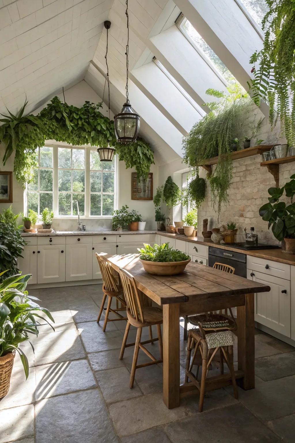 Indoor plants give a fresh feel to this kitchen featuring a vaulted ceiling.