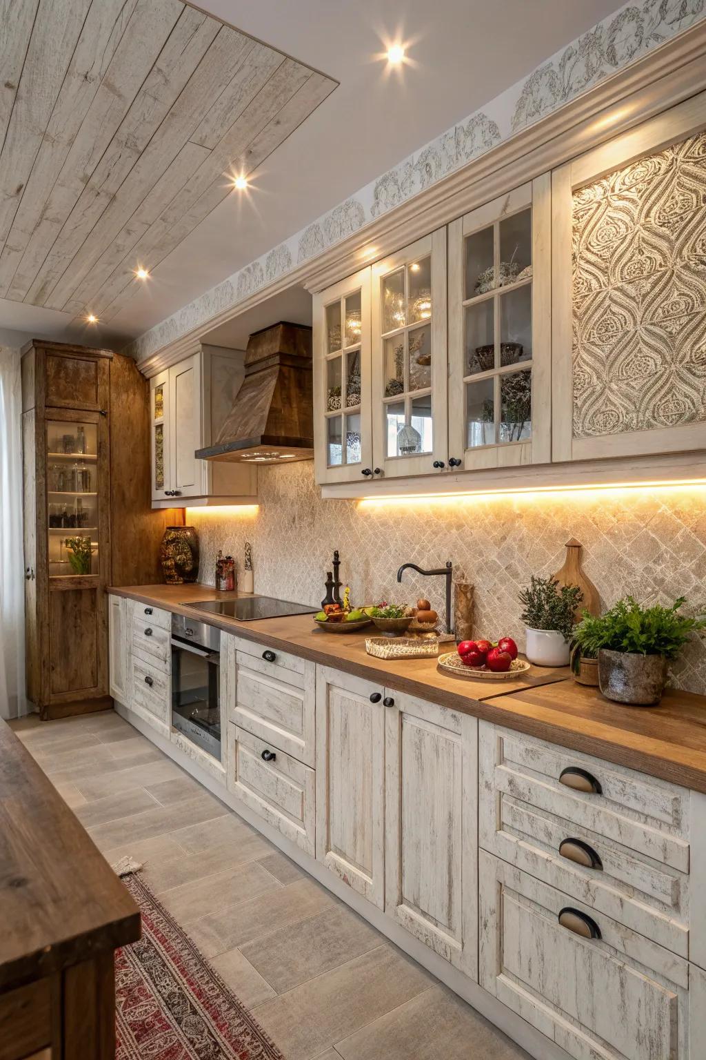 Textured surfaces enhancing the sensory experience within the kitchen.