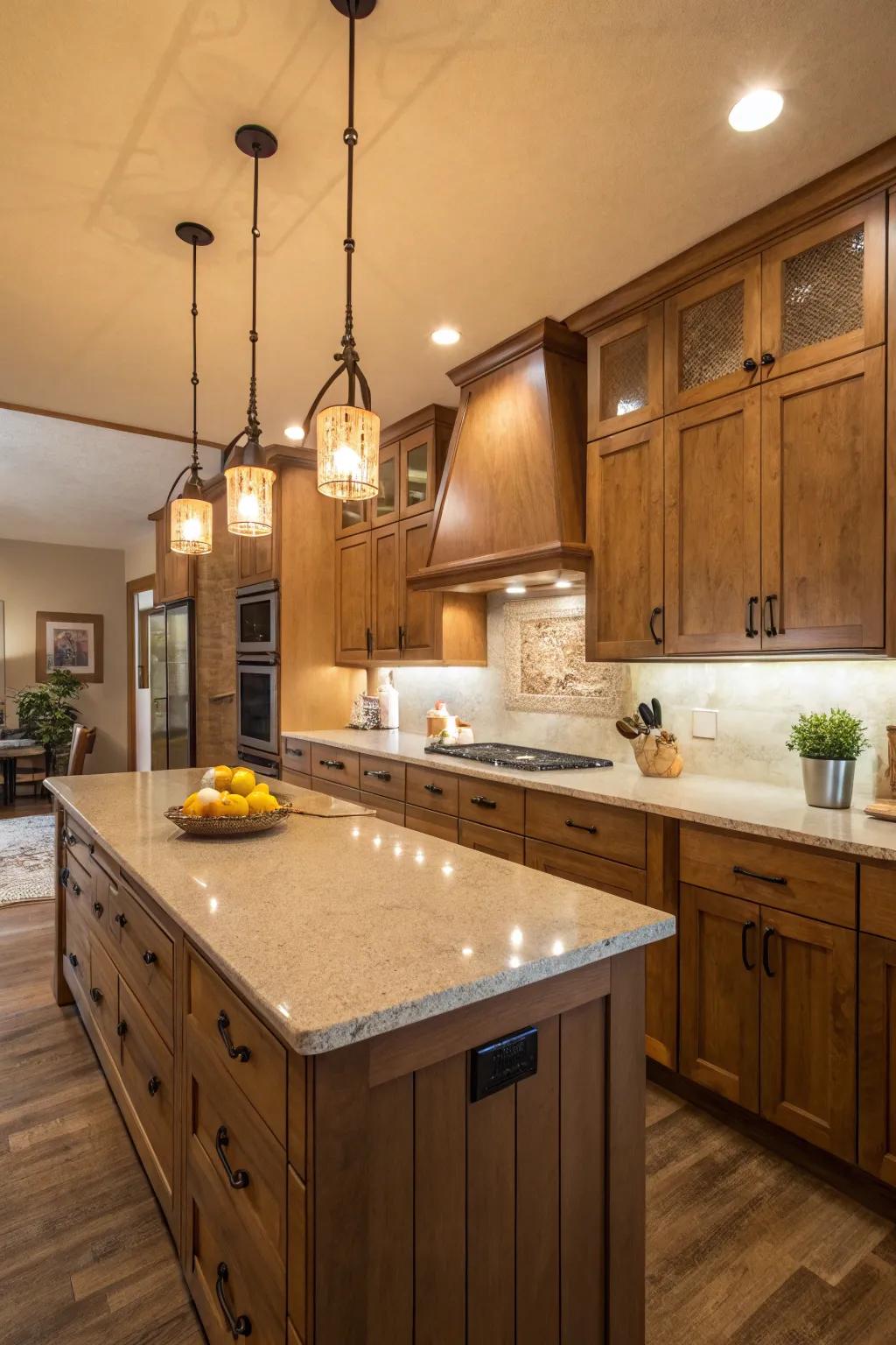 Warm-toned quartz worktops fostering a cozy ambiance.