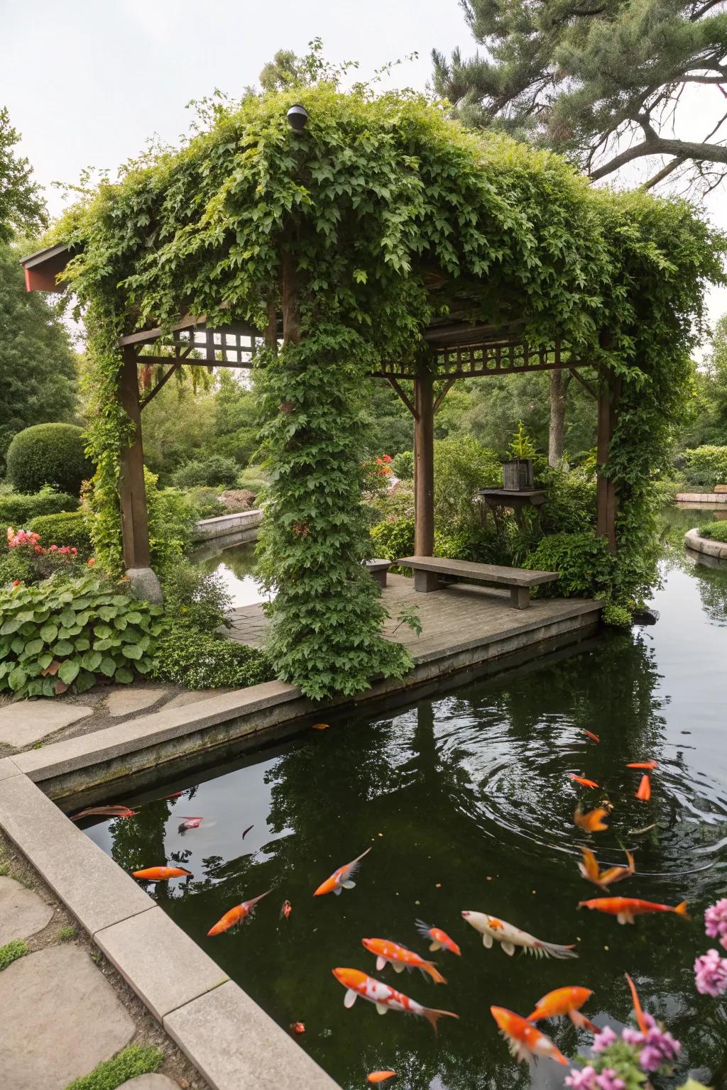 A koi pond covered by a passageway with lush climbing vines.
