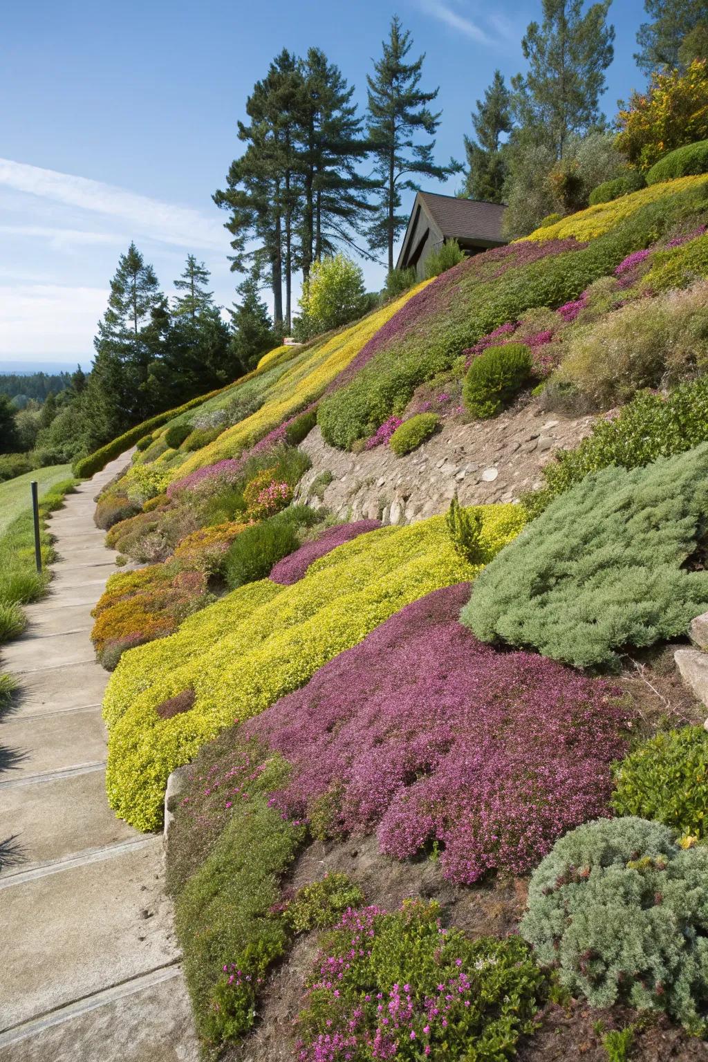 Ground covers add vibrancy and help stabilize slopes.
