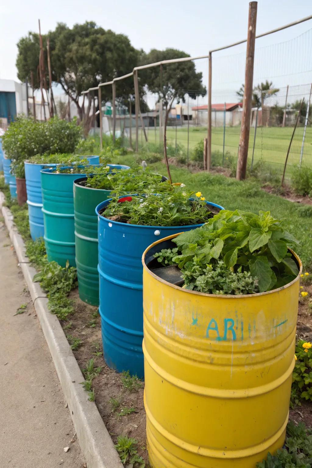 Reused synthetic containers are a useful, colorful choice for raised beds.