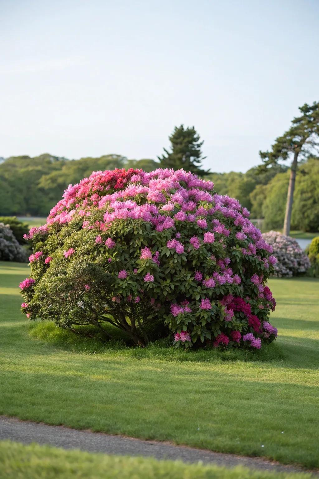 A dramatic rhododendron sanctuary in the center of a lawn.