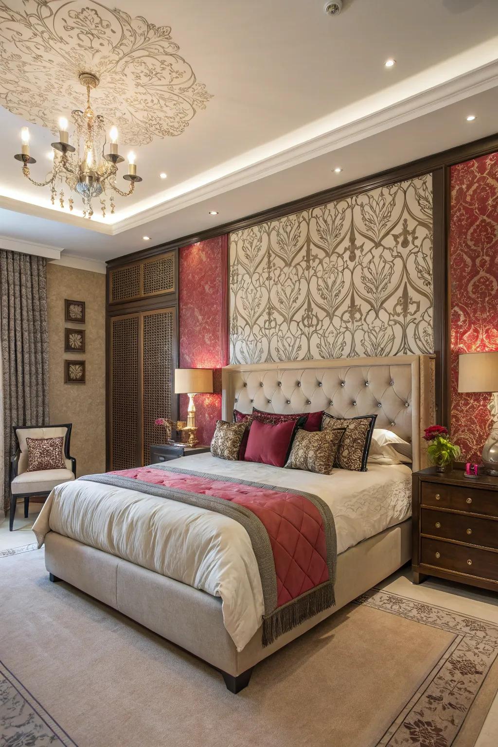 Striking wall coverings add visual interest and intimacy.