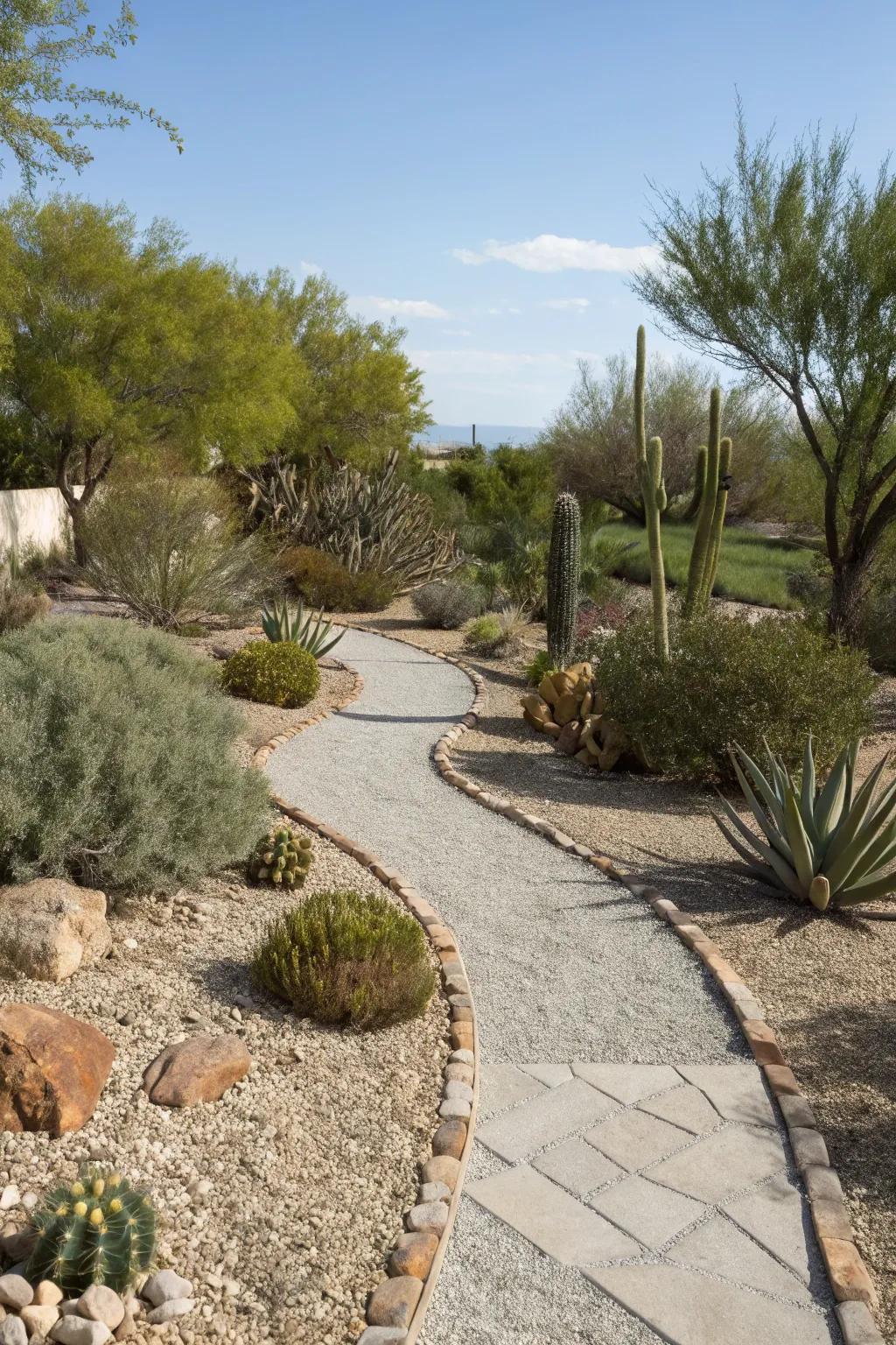 Gravel paths with desert plants in a Las Vegas backyard.