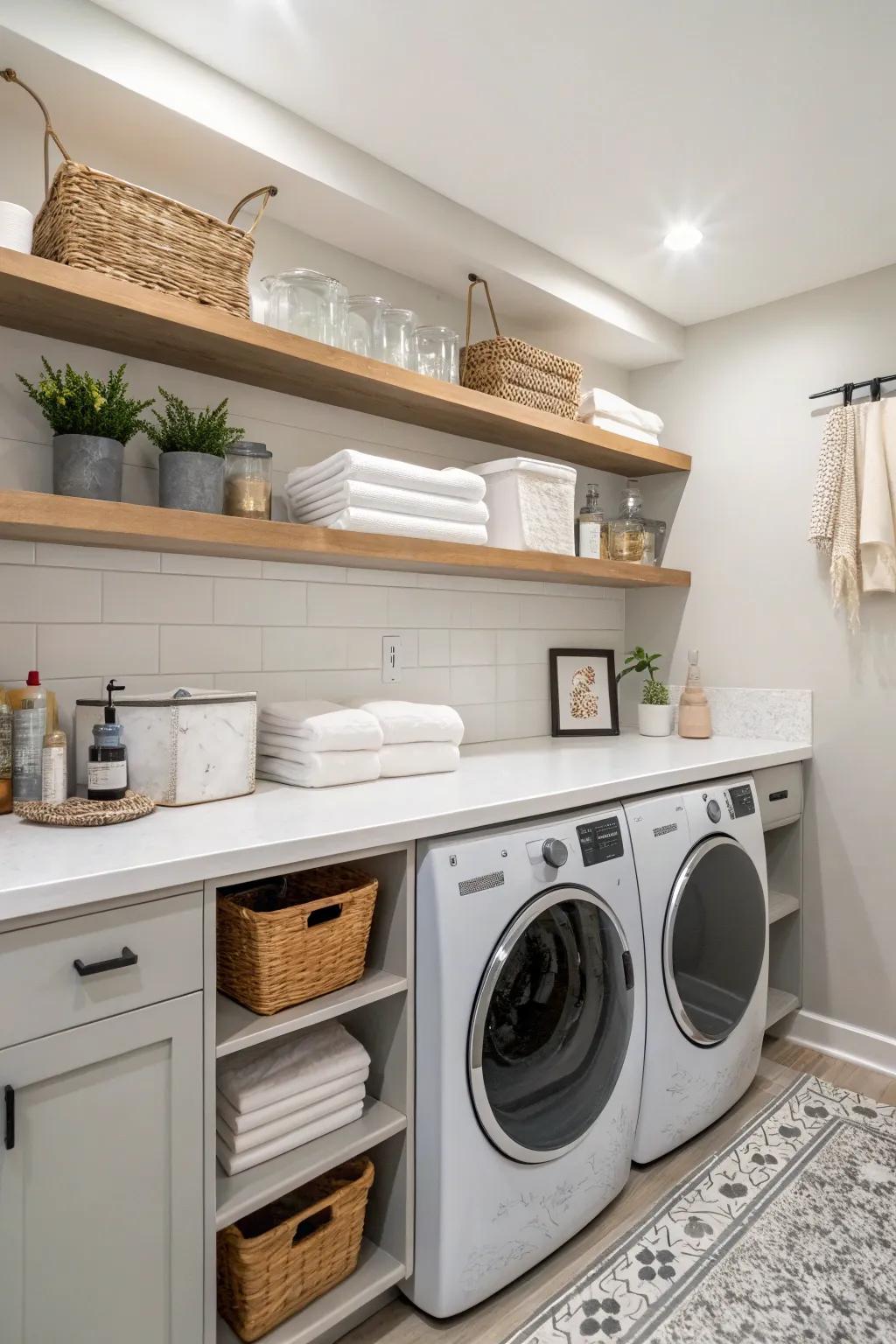 Mounted shelves provide stylish and practical storage.