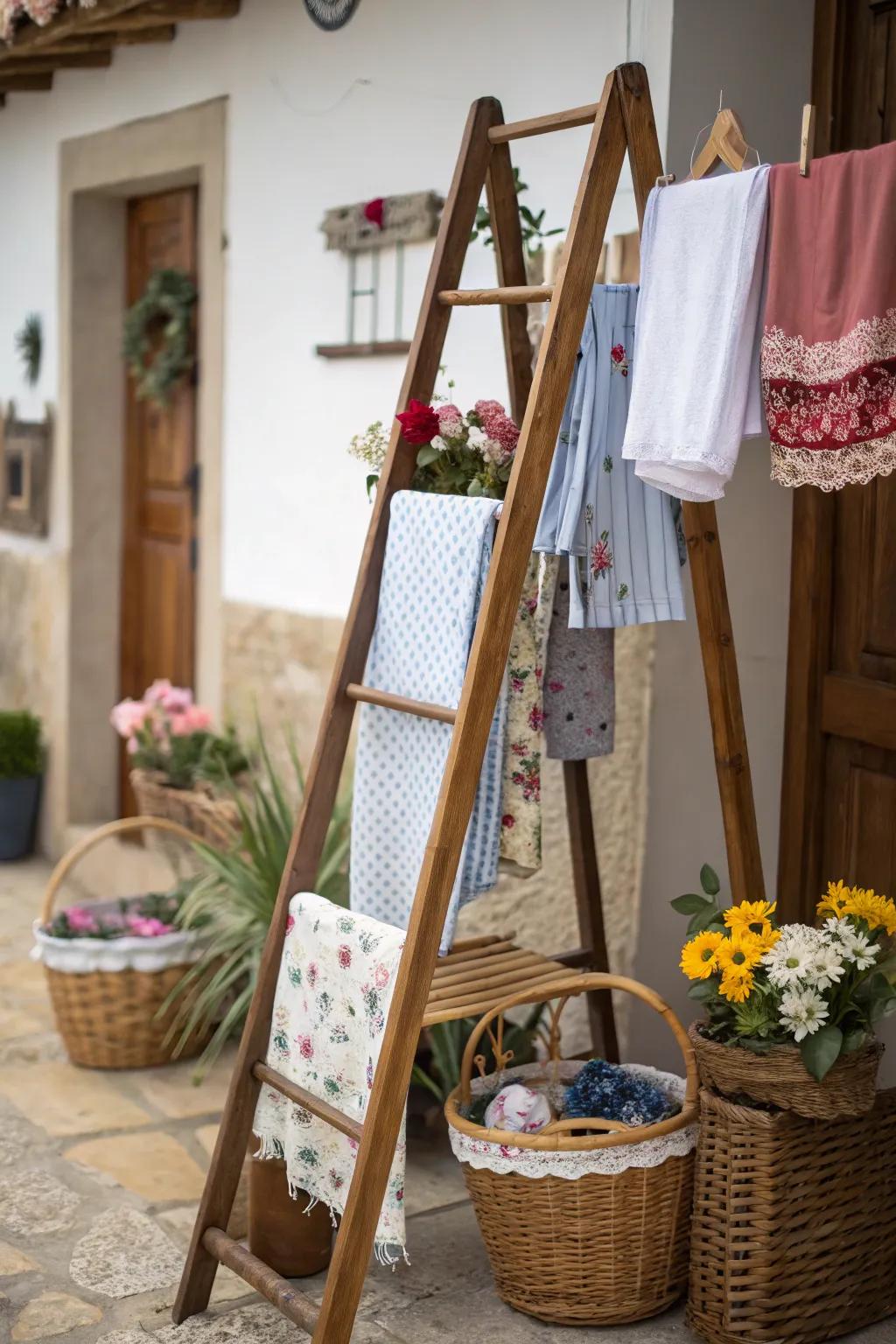 A chic laundry ladder for hanging and decoration.