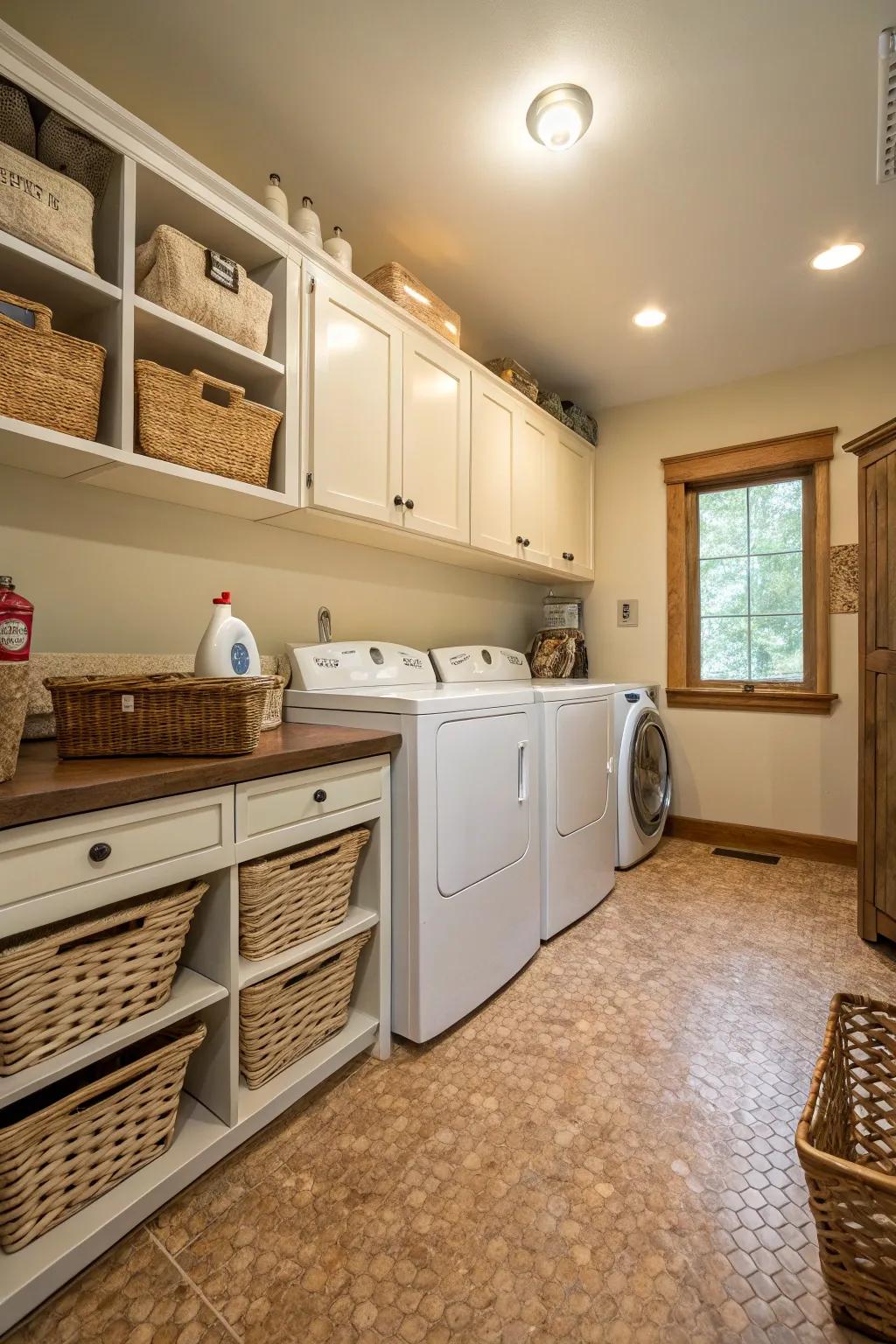 Fiber flooring provides warmth and comfort in the laundry room.