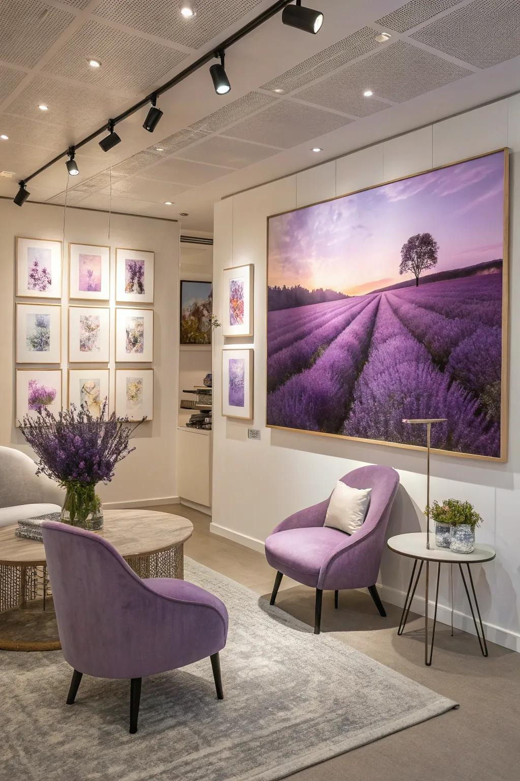 A modern room enhanced by art pieces featuring lilac and violet tones.