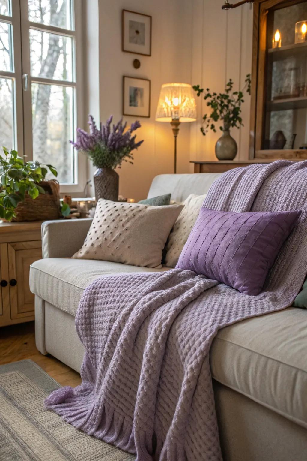Cozy and chic with lavender throw cushions.