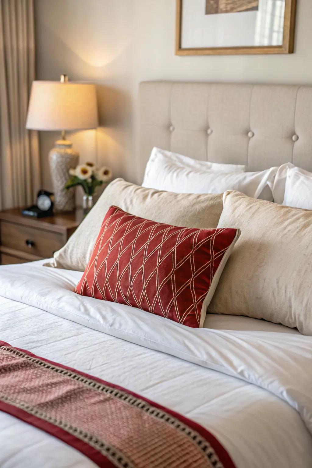 A statement lumbar pillow adding a focal point to the layered bed.