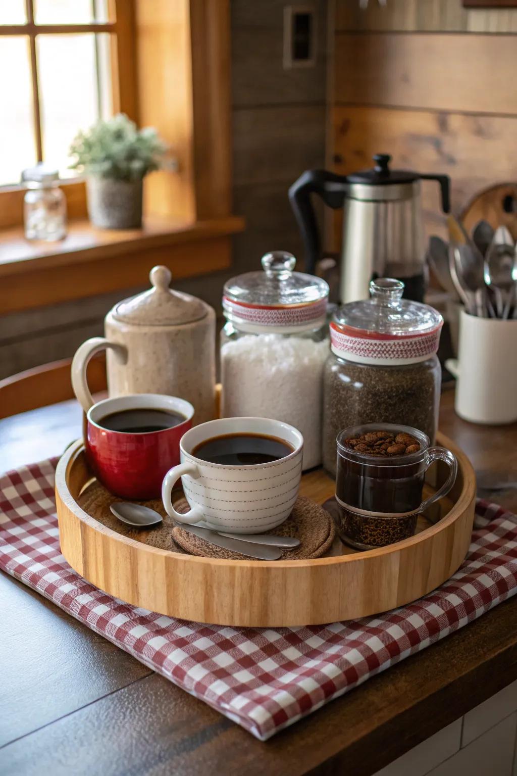 A cozy and organized coffee area with a rotating tray.