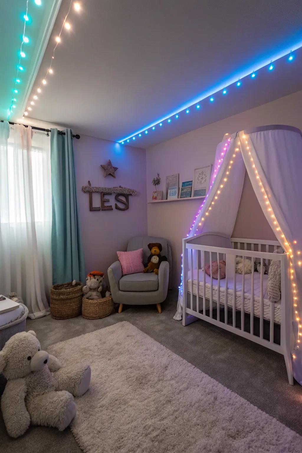 Gentle and soothing nursery lighting using LED strips.