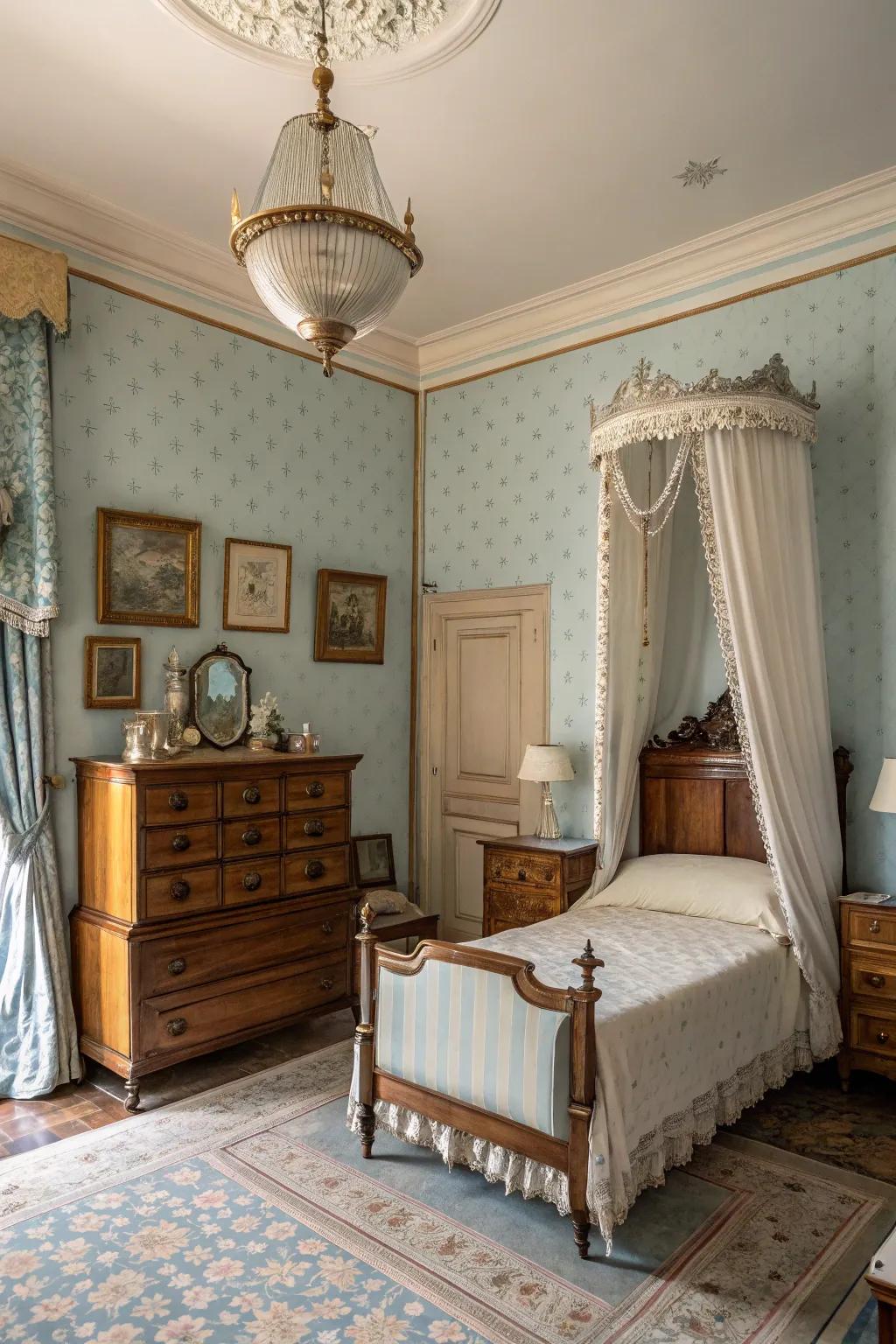 A vintage bedroom with pale blue walls and antique furniture for a nostalgic feel.