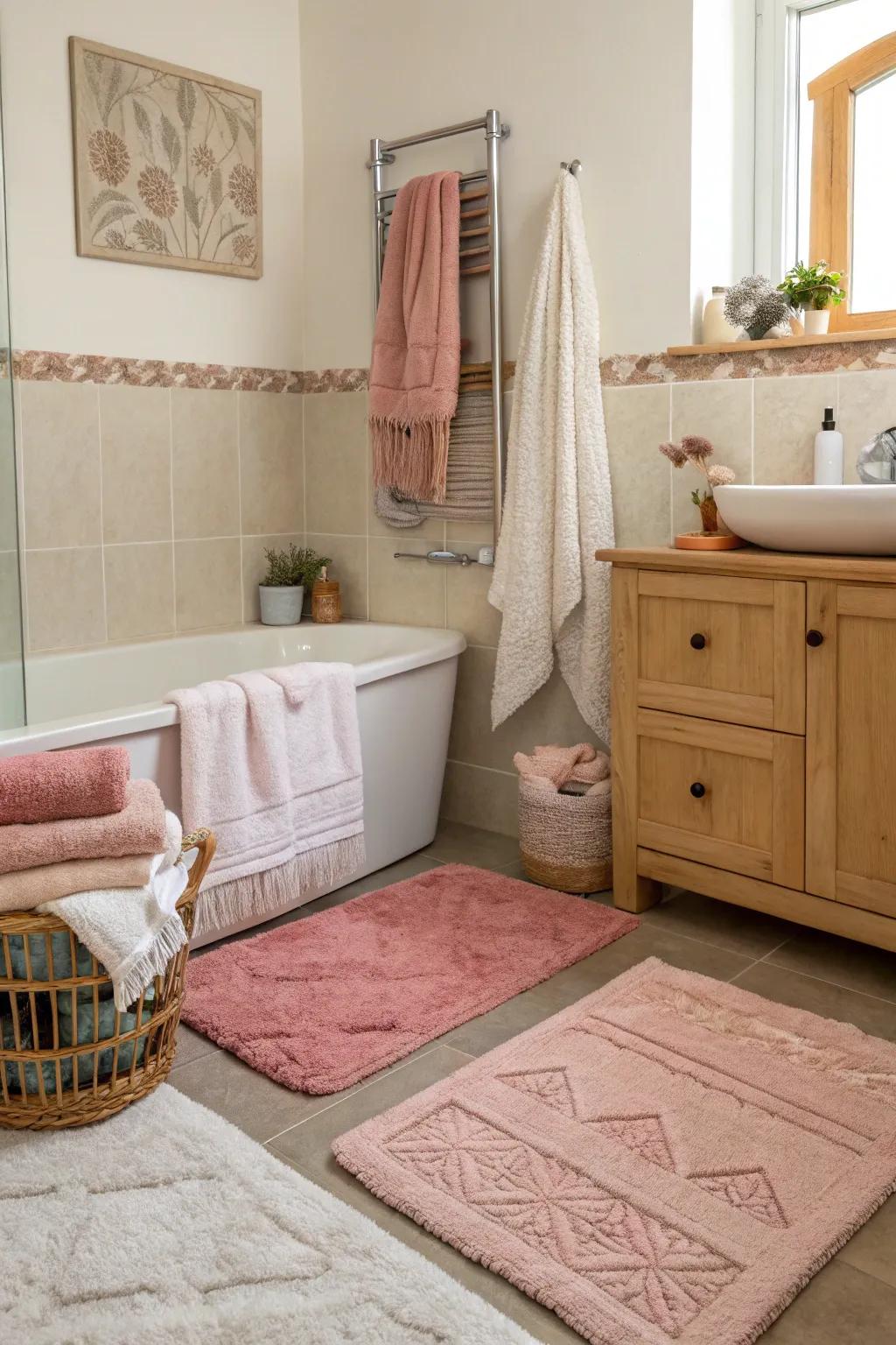 Fabrics add coziness and warmth to a bright-colored bathroom.
