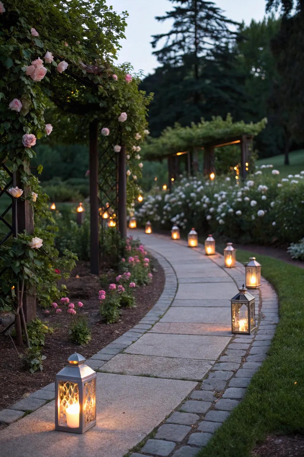 Elegant garden pathways lit by soft lighting.
