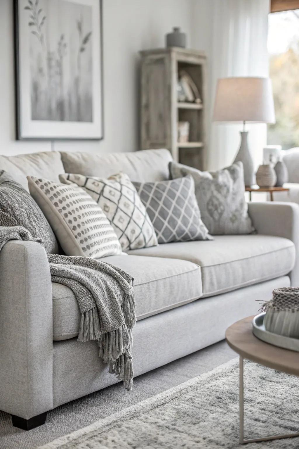 A monochrome palette brings timeless elegance to a pale stone sofa.