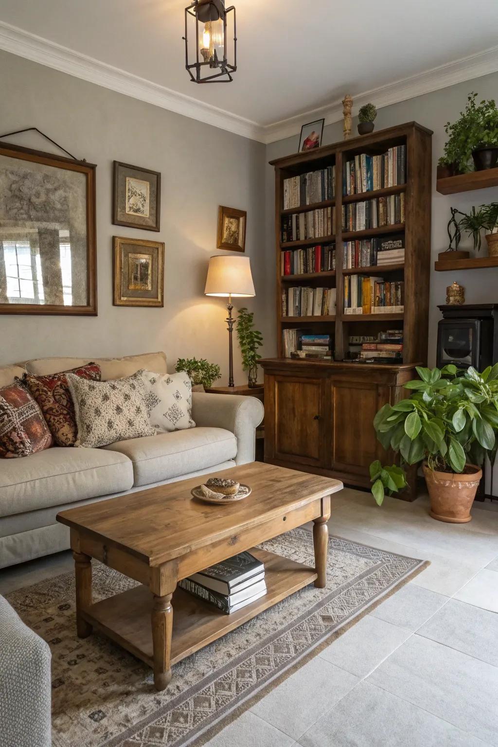 A timeless living area with light grey flooring and vintage accents.