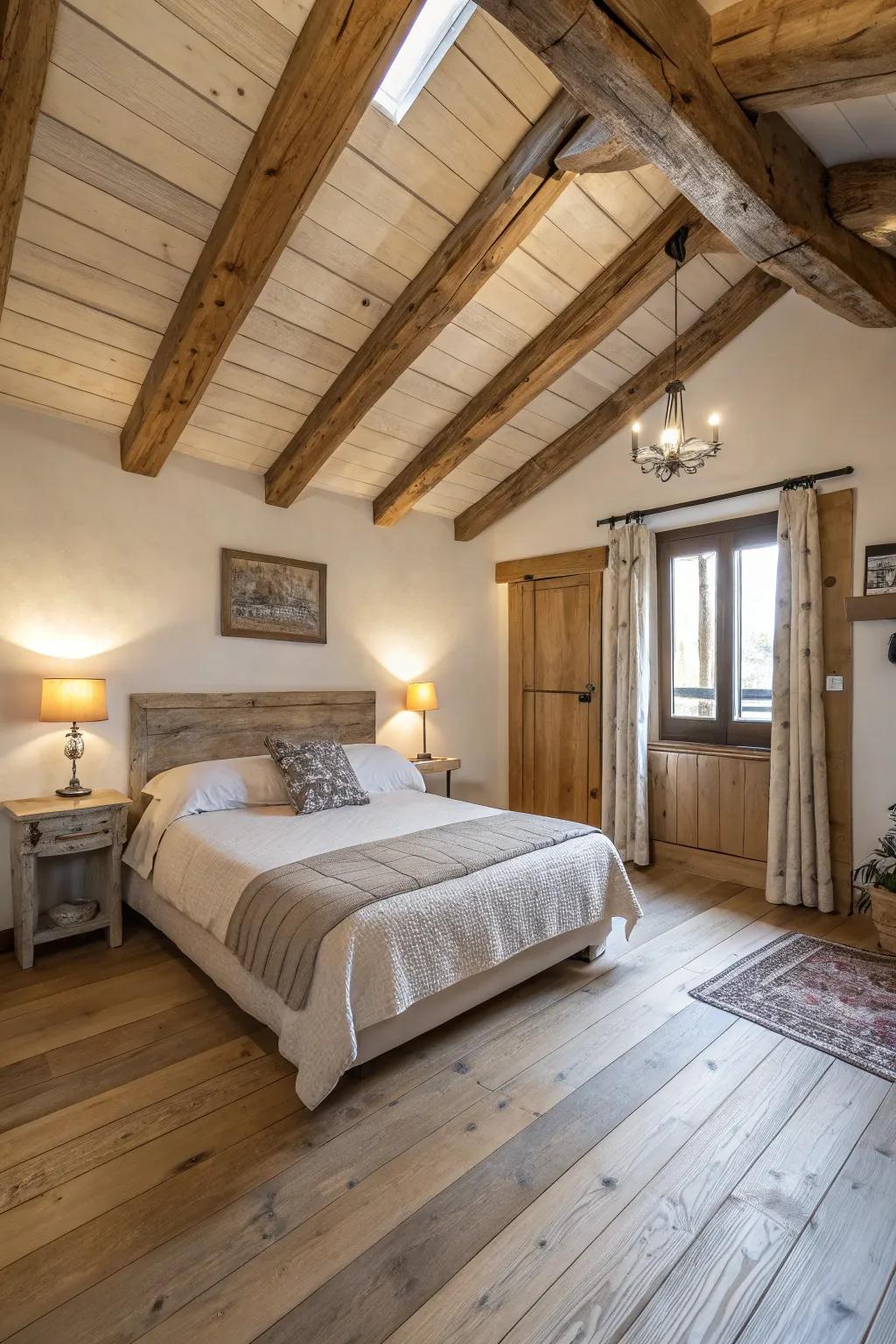 Rustic components adding warmth to a pale timber floor sleeping quarter.