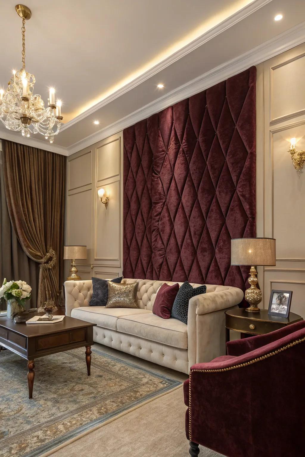 A velvet fabric feature wall adds opulence and warmth to this living space.