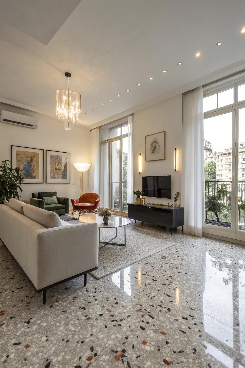 ConfettiStone flooring offers a bold, artistic statement for contemporary living spaces.