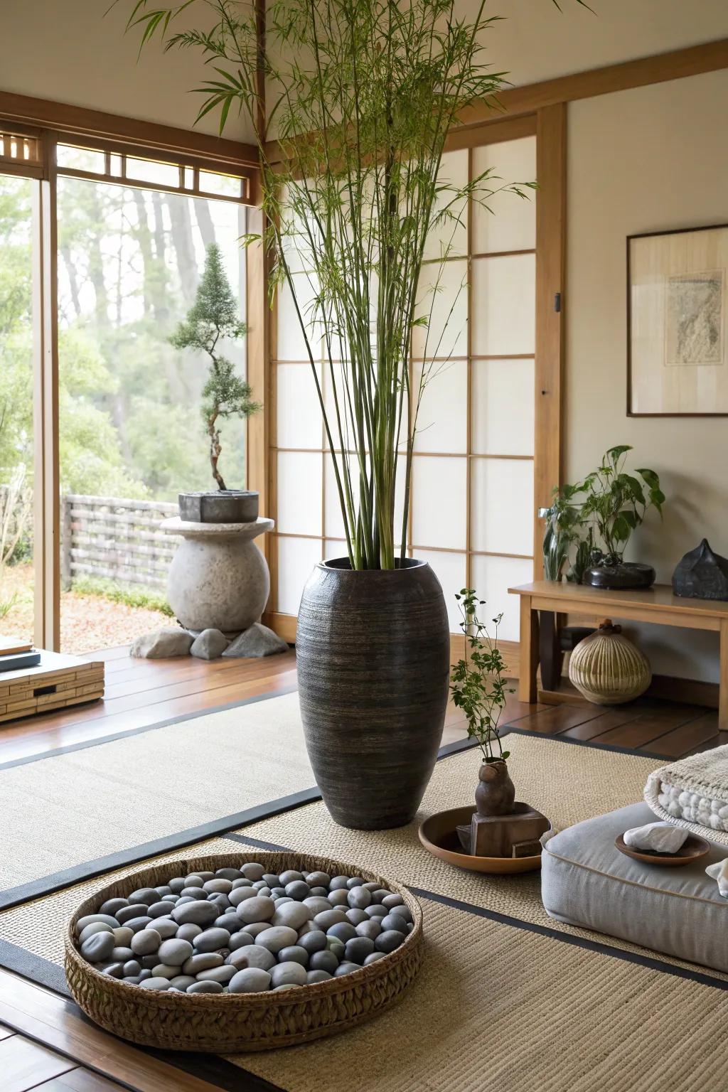 Zen arrangements with bamboo and stones bring tranquility to a living space corner.