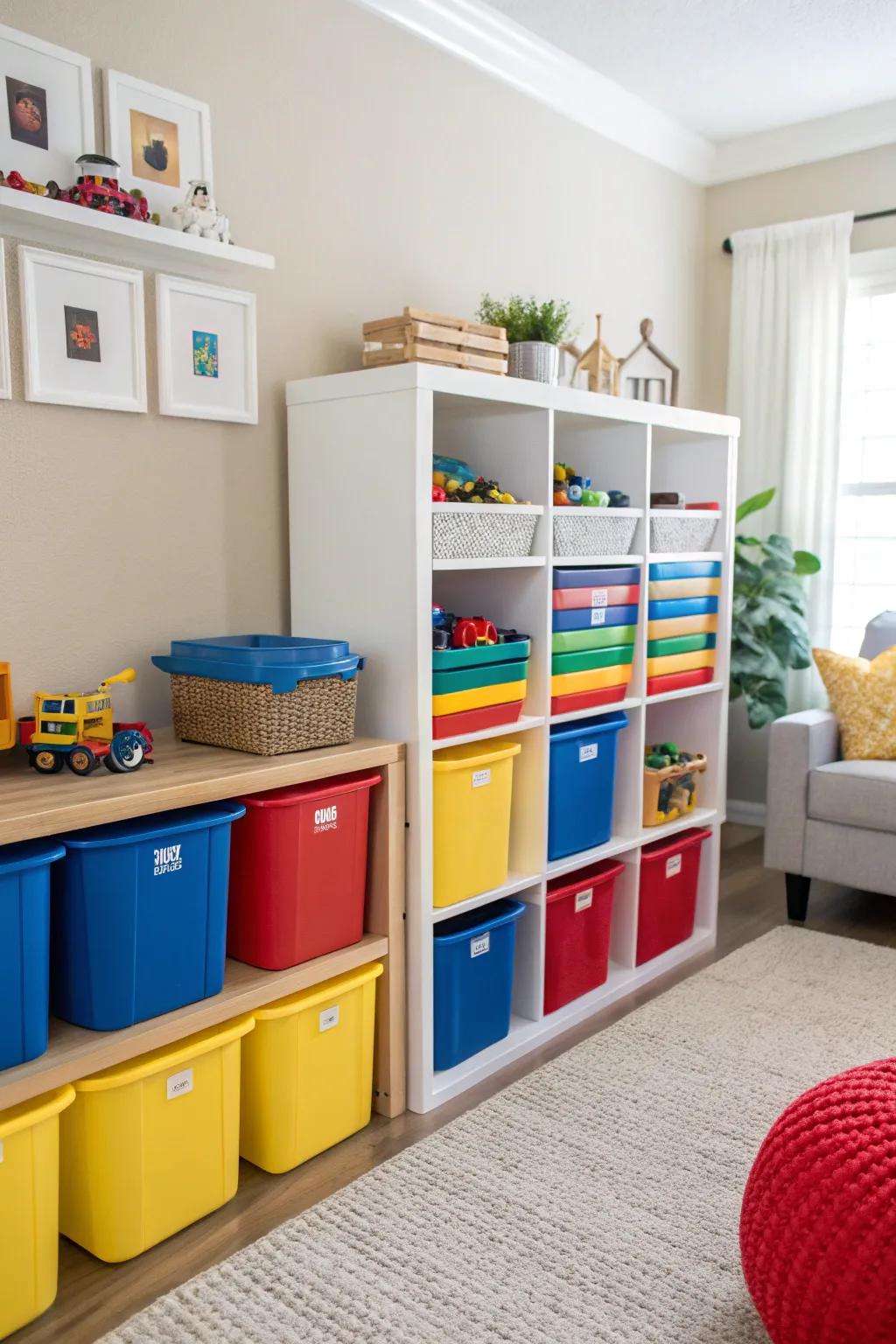 Color-coded bins make organization easy and fun for children.