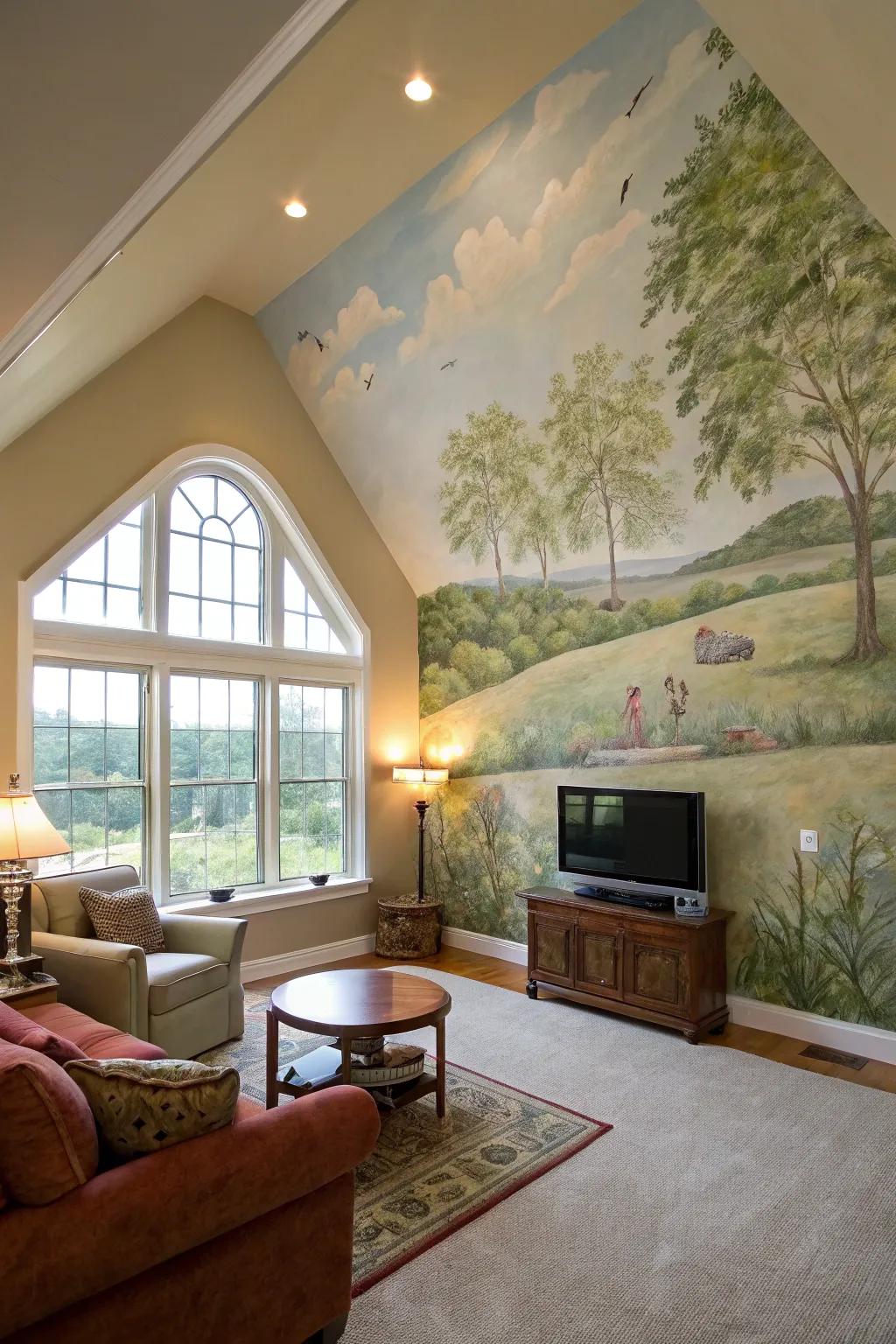 Wall murals create dramatic visual interest in a room with a high ceiling.