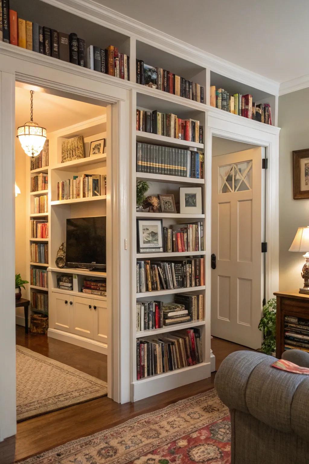 Creating frames around a doorframe using shelving enhances space and delivers a sophisticated touch.