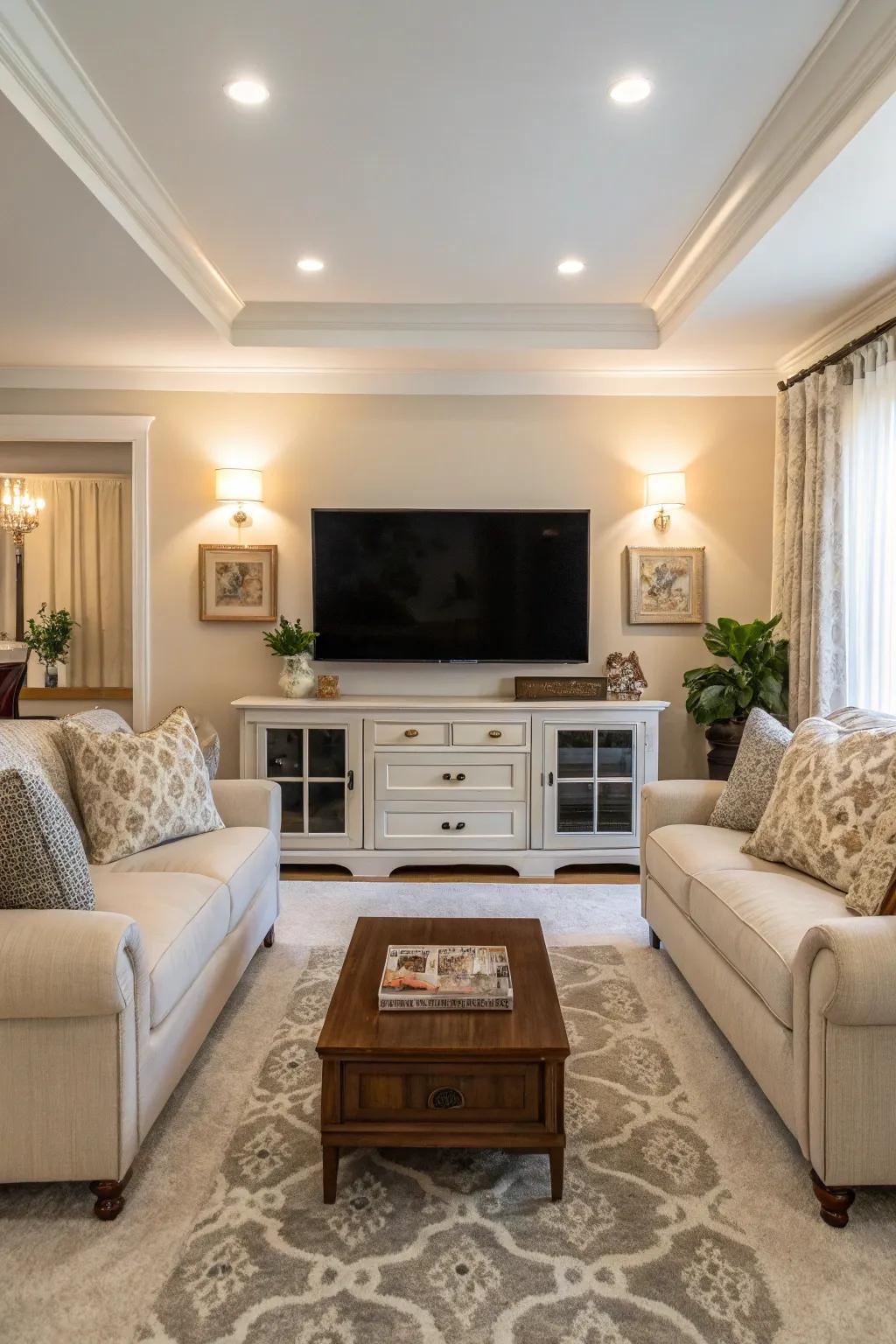 Balanced setups create harmony in the TV area.