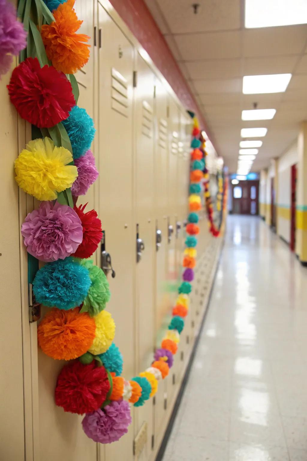 A locker adorned with a cheerful handcrafted garland for a festive look.