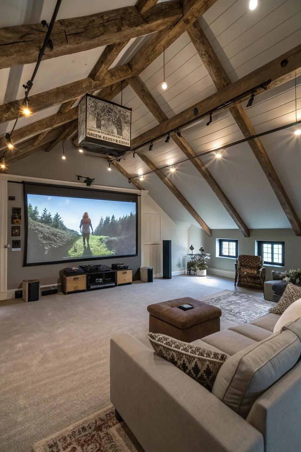A ceiling projector brings a cinematic experience to the game room.
