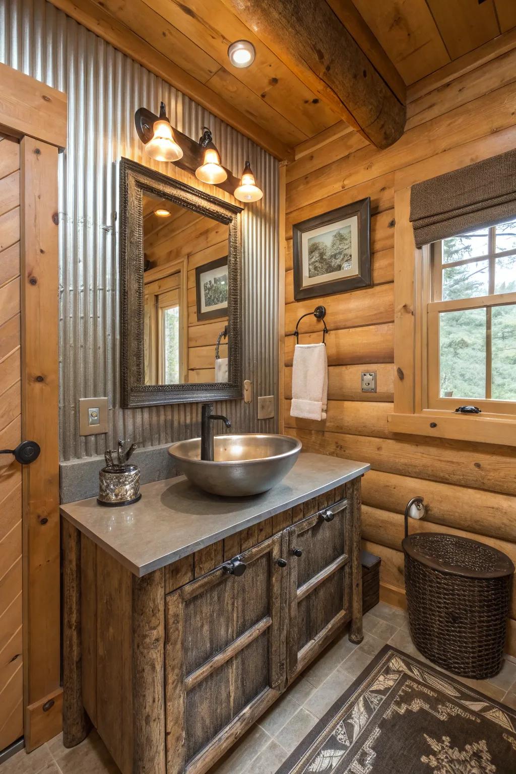 A log cabin bathroom with mixed textures of metal and wood.