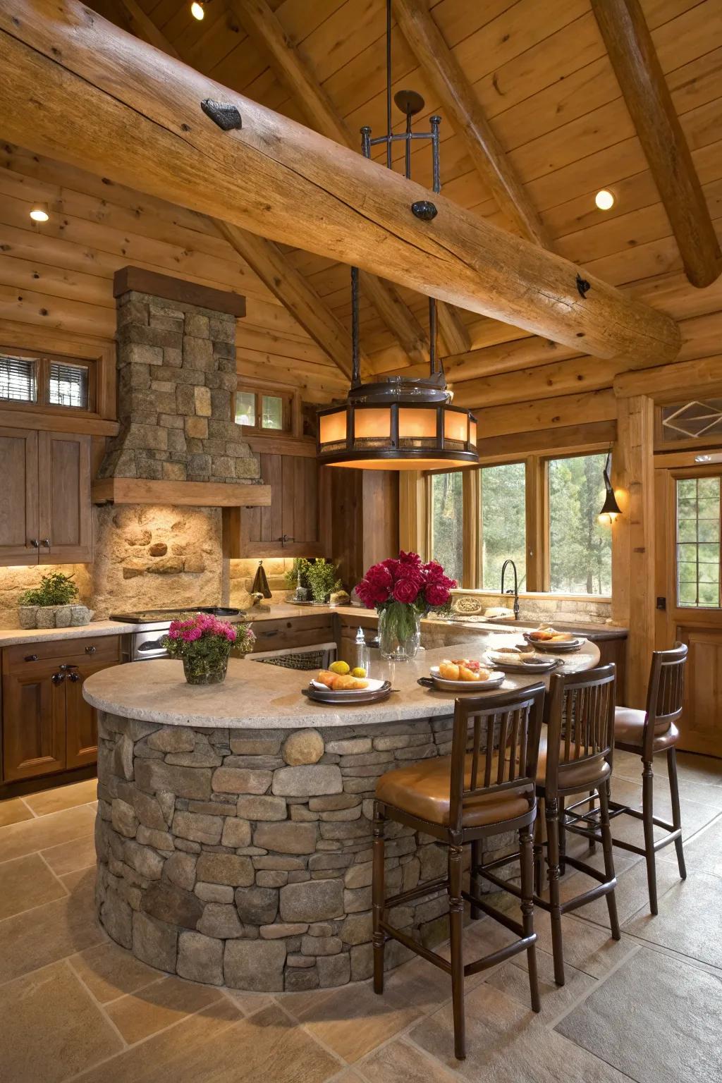 A magnificent circular stone island serves as the point of focus of this kitchen.