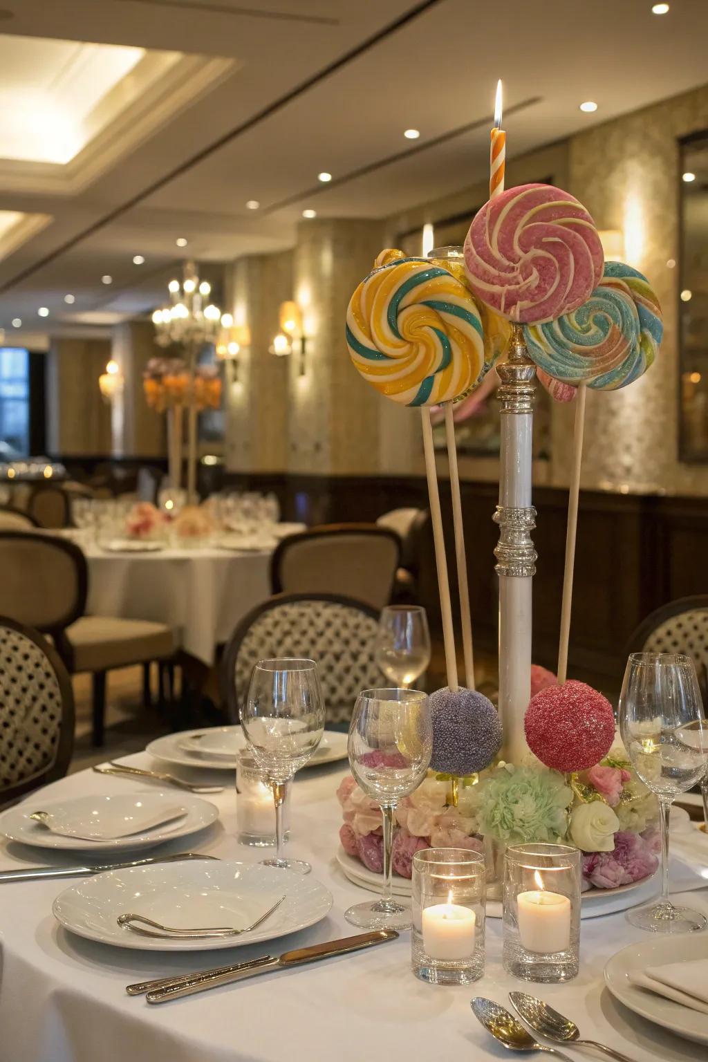 Luminary supports provide a sophisticated base for lollipop displays.