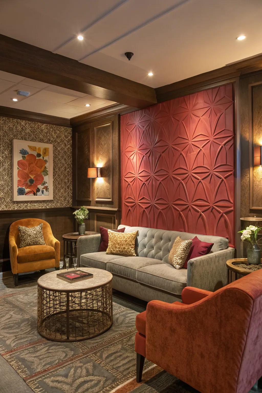 An accent wall gives the living room depth and a striking focal point.