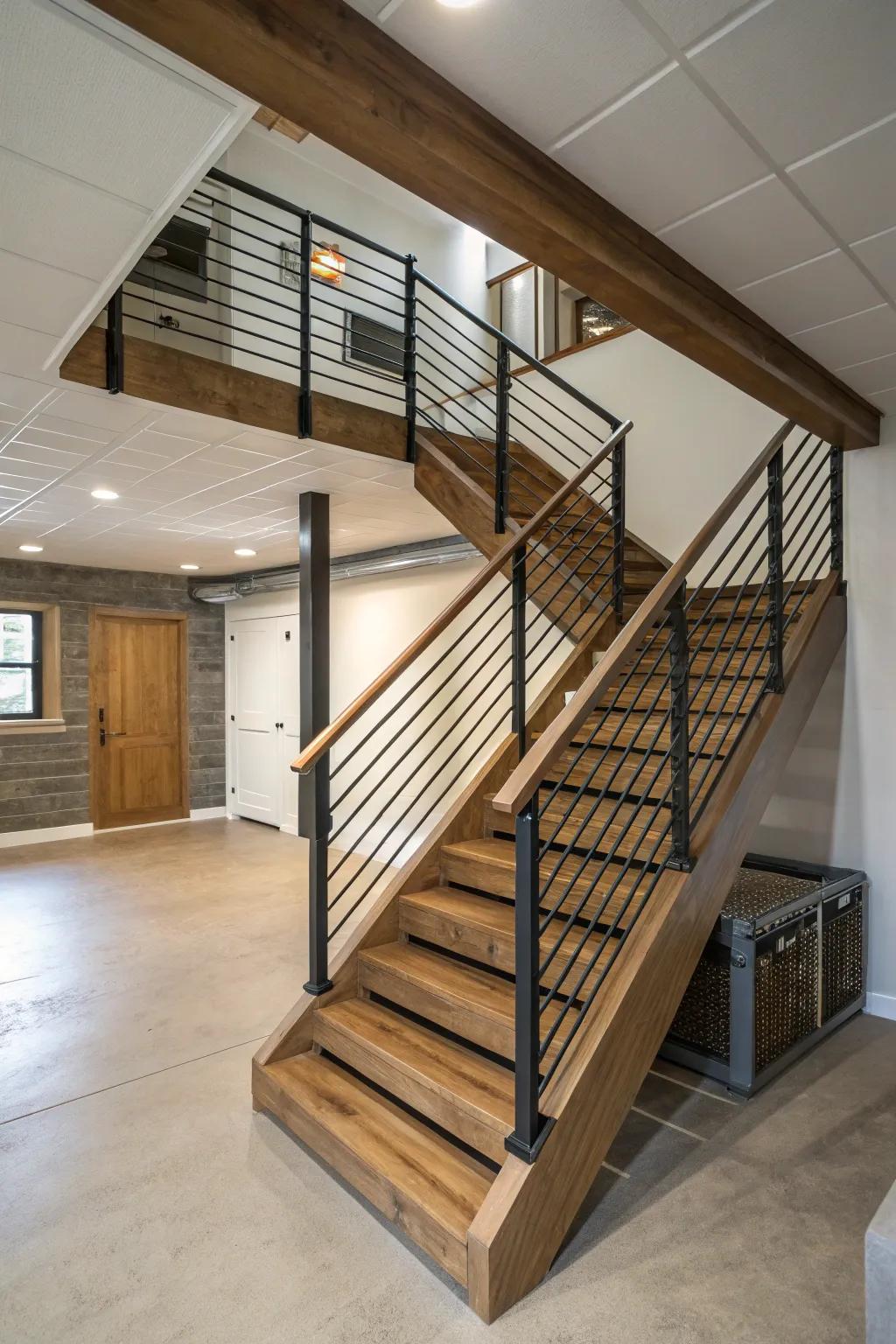 Open stairs maximize the sense of openness in basement spaces.