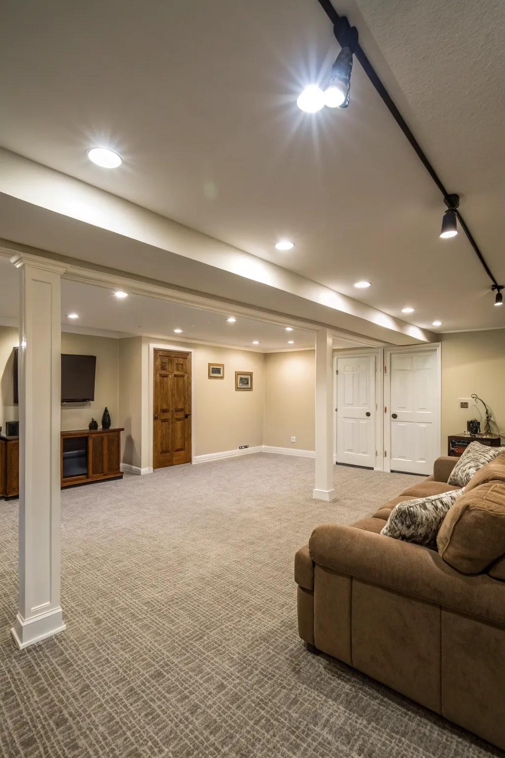 Streamlined lighting keeps the space bright without sacrificing height.